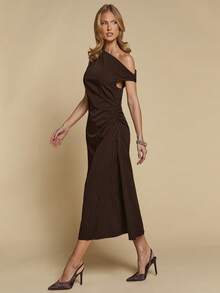 COSMINA Abito elegante da pendolare da donna con colletto asimmetrico, righe marroni, lunghezza media, senza maniche, spalla obliqua, abito da ufficio per l'autunno, abbigliamento elegante per feste diurne - Multicolore - Visualizzare 2