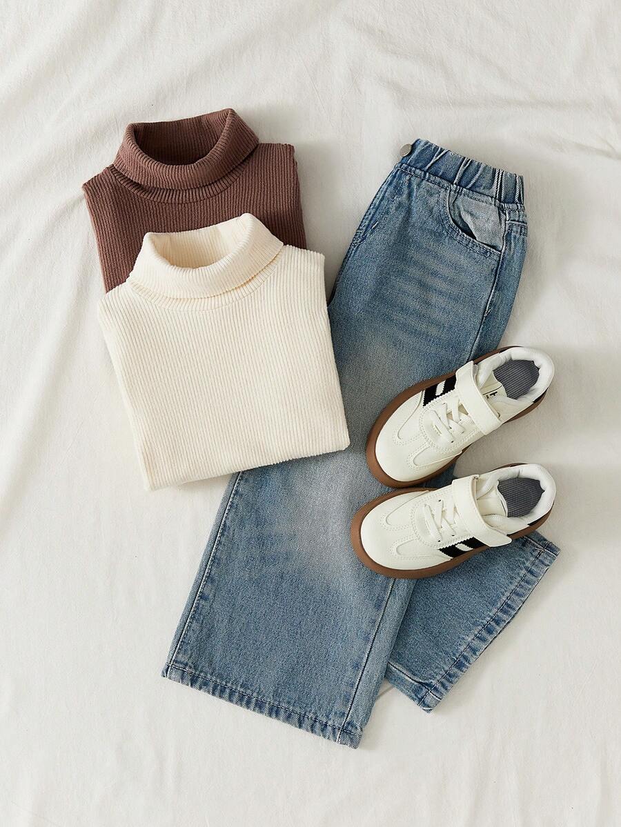 PrepCrw 2pcs/Set Girls Knitted Colorblock Turtleneck Long Sleeve Casual T-Shirt - Multicolor - View 1