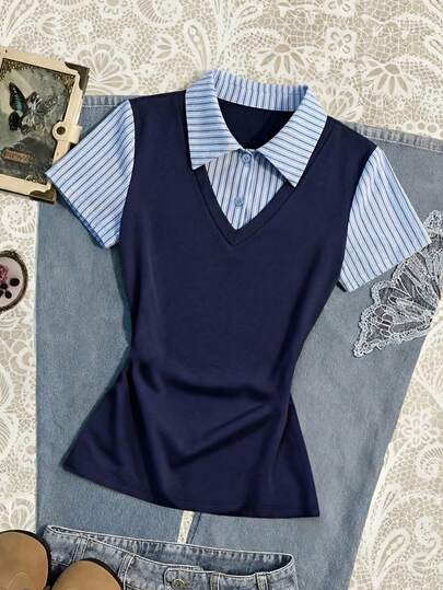 Glimmora Women's Fashion Casual Striped Short Sleeve 2 In 1 T-Shirt