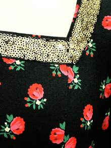 SHEIN 青少年女孩 1 件夏季優雅洋裝，紅色花卉短袖，日常度假派對禮服 - 黑色 - 查看 6
