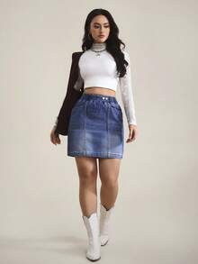 SHEIN Tall 女士松紧腰带口袋休闲牛仔铅笔裙 - 藍色 - 查看 6