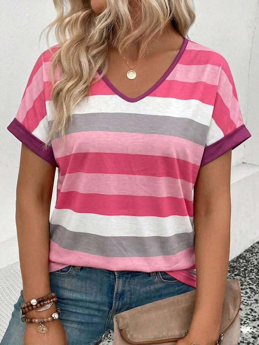 EMERY ROSE New Plus Size Women's Fashion Colorful Striped V-Neck Short Sleeve T-Shirt - Multicolor - View 1