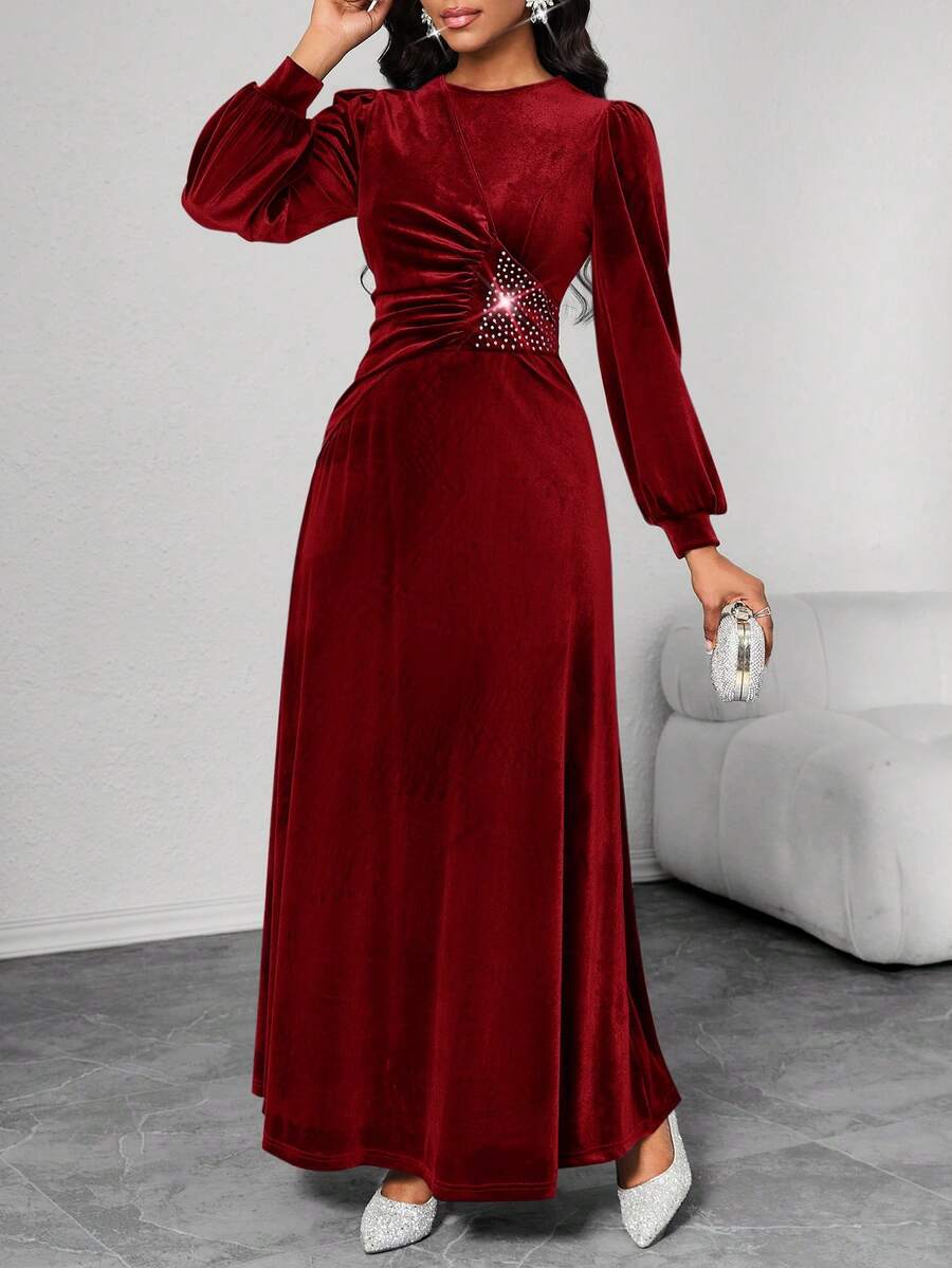 SHEIN Lady 蓝色华丽优雅天鹅绒长款女式连衣裙 - 酒紅色 - 查看 1