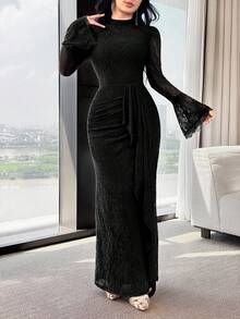 Modelyn 女士优雅立领喇叭袖连衣裙 - 黑色 - 查看 4