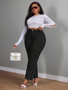 Slaydiva سراويل جينز نسائية بقصة مستقيمة وساق ضيقة مع حافة مطوية، مقاس كبير، خريف - الأسود - مشاهدة 5