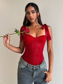 Aloruh 女士性感情人节纯红色蝴蝶结蕾丝连体衣 - 紅色 - 查看 6