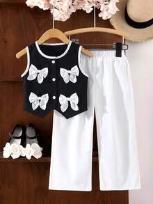 Girls Toddler Set,Round Neck Top With Contrast Color Trim,Button Front,Bow Decor,Straight Leg Casual Pants,Elegant Fashion Butterfly Kids Outfits - Black - View 4