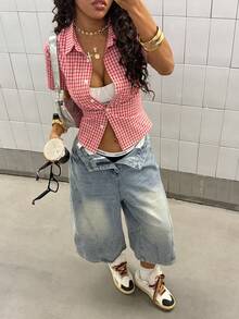 StreetHx 女士红色格子宽松街头风Y2K设计嘻哈复古性感街头风短袖衬衫，秋冬款 - 紅色 - 查看 5