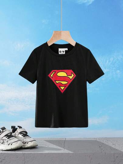 SUPERMAN X SHEIN Young Boy Casual Daily Commute Minimalist Logo Print Loose Fit Short Sleeve Black T-Shirt, Summer