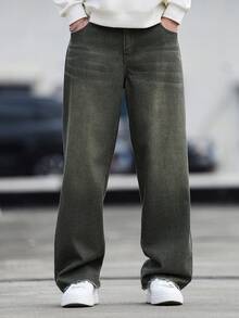 Manfinity Homme Men's Pocket Button Casual Versatile Commuting Loose Fit Jeans - Dark Green - View 5