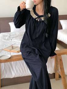 DAZY 甜美波点纹理面料撞色荷叶边泡泡袖女士睡衣套装 - 藏蓝色 - 查看 7