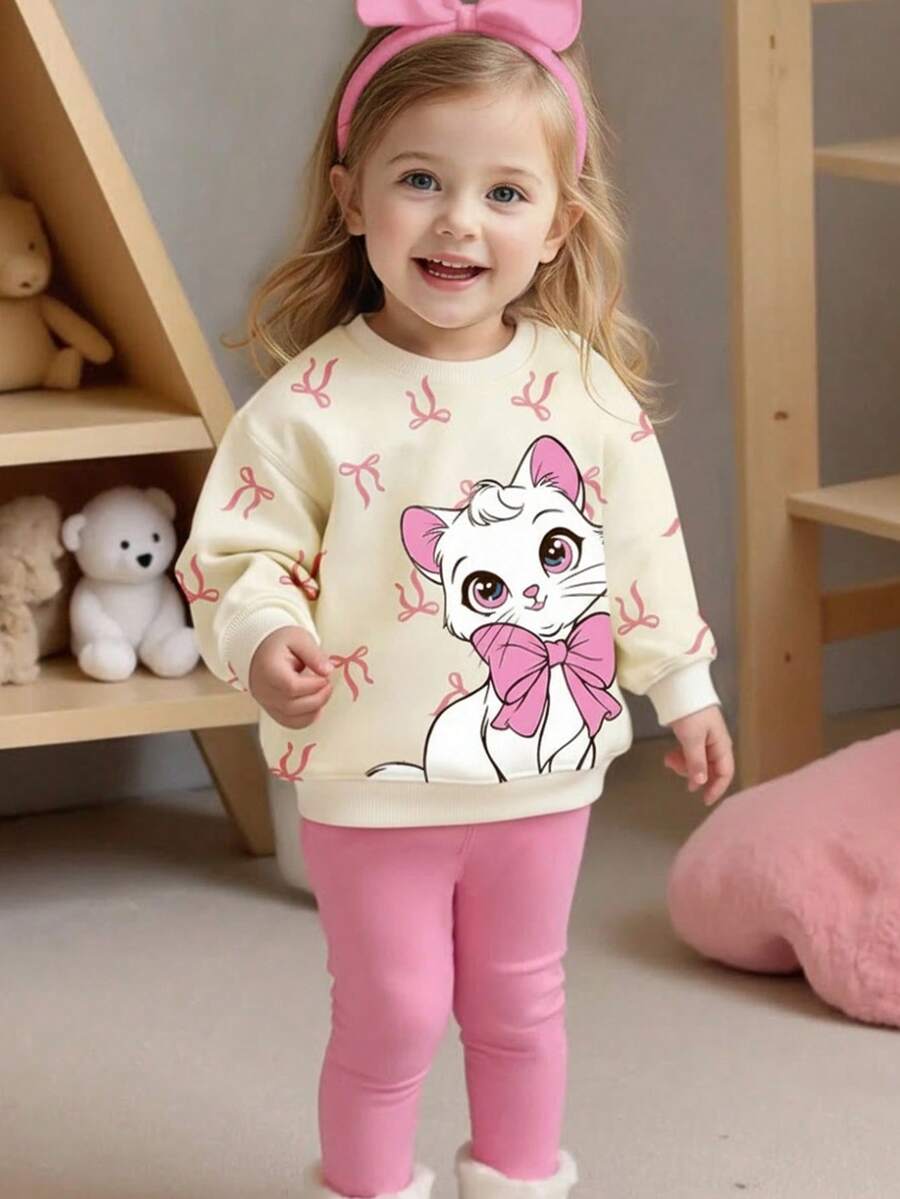 SHEIN Baby Girl Casual Knit Soft Thick Crew Neck Long Sleeve Sweatshirt And Leggings Set, Suitable For Autumn/Winter