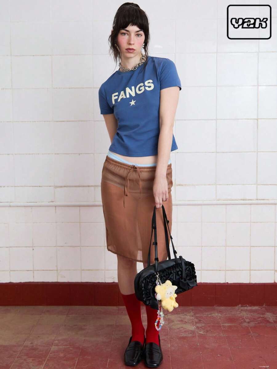 COUREZ 印花缩水短袖T恤/女士夏季穿搭 可爱上衣 可爱夏季上衣 Y2K夏季衬衫 纯棉复古