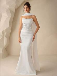 Women's Strapless Rhinestone Decor Ruched Flounce Elegant Waist Fitted Mermaid Formal Evening Gown - White - View 3