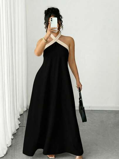 Elenzga 永不过时的古怪优雅系列（忧郁气质）（周三美学）大码露背撞色连衣裙