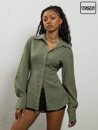 COUREZ Långärmad skjorta med rutmönster / Sommarkläder för kvinnor Sommartoppar Y3K Y2K Vintage