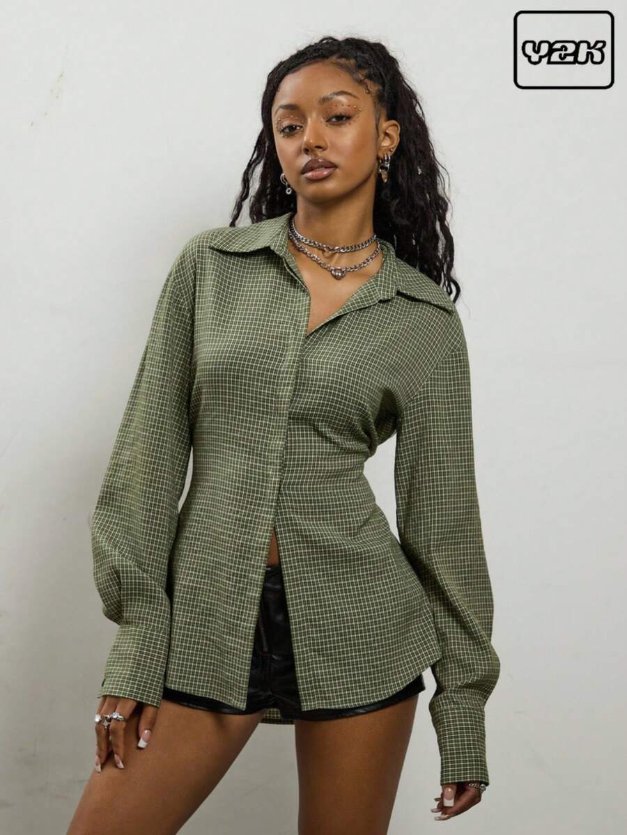 COUREZ 格纹长袖收腰衬衫/女士夏季服装夏季上衣 Y3K Y2K 复古 - 軍綠色 - 查看 1
