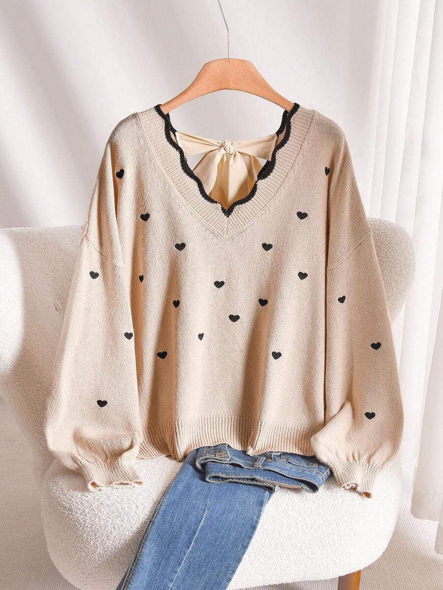 CosyJoli Áo len dáng rộng, thêu hình trái tim, thắt dây, thích hợp cho mùa Thu/Đông. - Màu Khaki - Xem 1