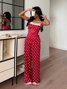 ZzzCrew Women's Sleepwear For Spring And Summer Valentine's Day, Romantic, Sweet, Sexy, Passionate, Playful, Lively And Cute. Red Background, White Polka Dot Print Splicing, White Lace Suspender Top And Matching Print Splicing, White Lace Pants Suitable For Daily Home Leisure, Comfortable Sleep, Sleepwear, Party Wear Red Polka Dot Pajamas - Red - View 2