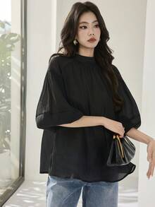 Heiryn 女士休闲纯色圆领短袖衬衫 - 黑色 - 查看 6