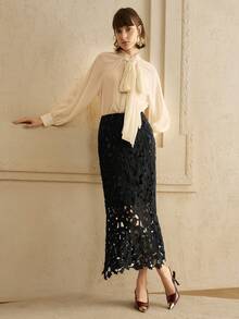 Arave Women's Water-Soluble Lace Knitted Design Lace Temperament Charm Elegant Date Hollow Skirt Autumn New Year Black Lace Skirt  Leisure, Dating - Black - View 2