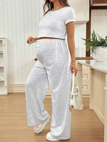 SHEIN 2件套孕妇纯色圆领短袖T恤和抽绳腰裤休闲套装 - 灰色 - 查看 3