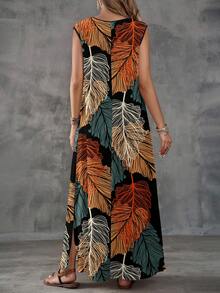 EMERY ROSE Vestido de mujer con cuello en V y estampado de hojas, adecuado para primavera/verano, informal - Multicolor - Ver 2
