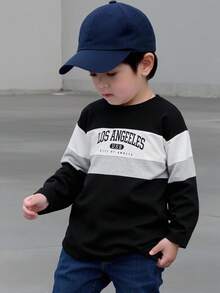 男童休闲标语数字印花拼接长袖舒适衬衫，适合日常户外玩耍、旅行、上学、秋冬季穿着。 - 彩色 - 查看 7