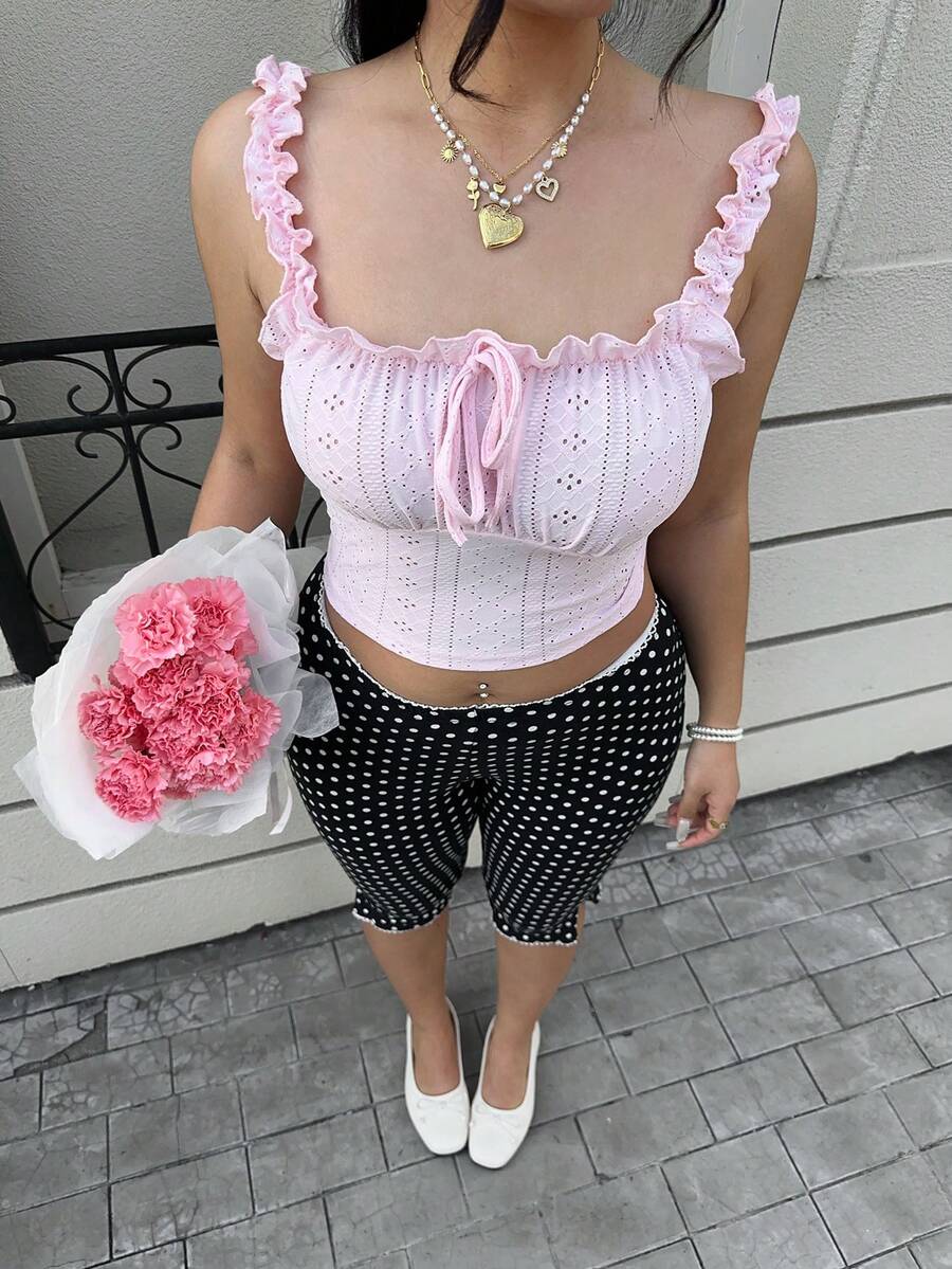 SHEIN EZwear Camiseta Romântica Rosa Transparente com Babados na Barra, Fashion e Versátil para Primavera/Verão, Dia dos Namorados - Rosa chiclete - Visão 1