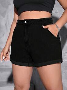 SHEIN ICON 大码无弹力休闲百搭牛仔短裤 - 黑色 - 查看 3