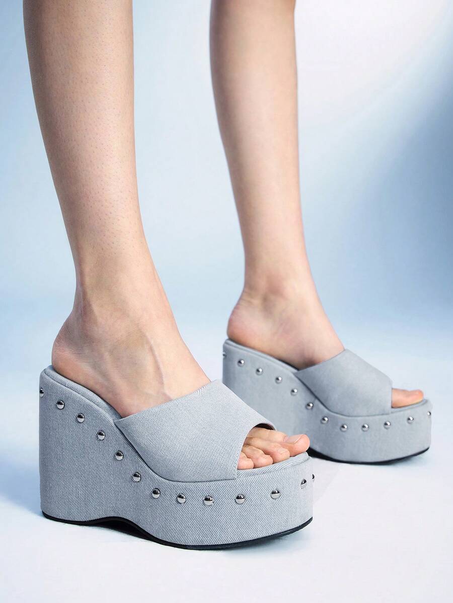 Sugerpunk Dép xỏ ngón đế xuồng đế xuồng cá tính thời trang thường ngày trang trí đinh tán dành cho nữ - Màu xanh nhạt - Xem 1