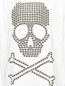 ROMWE Grunge Punk Loose Fit Oversized Crew Neck Skull Rivet & Rhinestone Graphic Long Sleeve T-Shirt - White - View 3