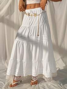 SHEIN EZwear Summer Vacation Casual White Lace Patchwork Woven Skirt Summer Skirt Beach Skirt Vacation Skirt - White - View 5