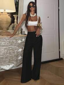 Ronhire 女士純色直筒高腰日常褲 - 黑色 - 查看 1