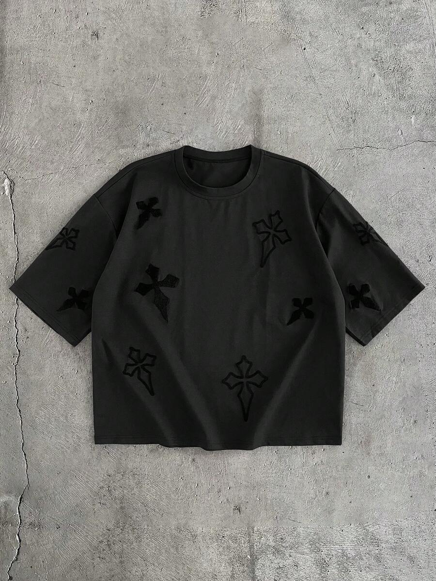 AXEPEAK 男士休闲十字绣短袖T恤，夏季 - 黑色 - 查看 1