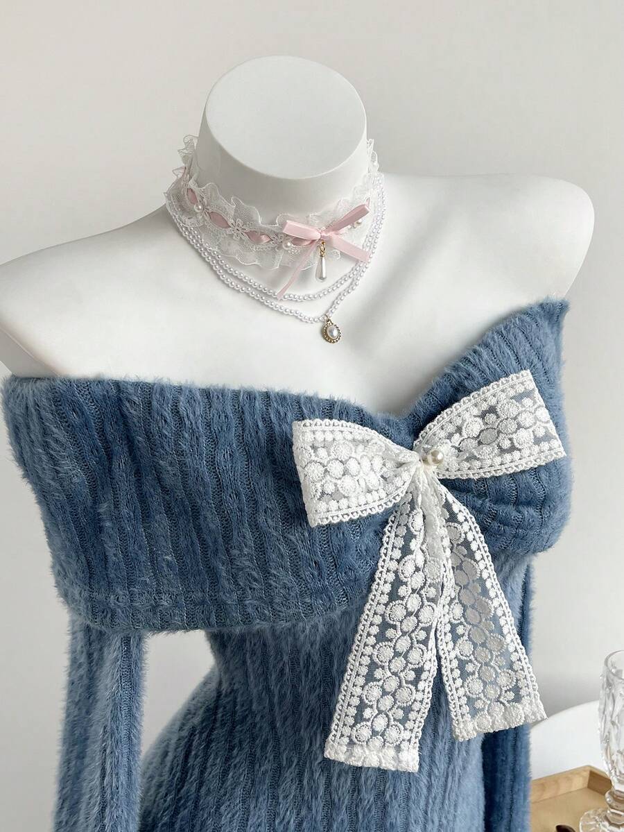 Elamini 白色露肩露背仿马海毛罗纹针织蝴蝶结珍珠装饰长袖修身迷你连衣裙，Y2K复古可爱派对休闲连衣裙，适合秋冬季、圣诞节、新年等场合。