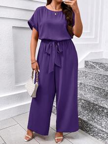 SHEIN Clasi Bộ áo liền quần cỡ lớn thanh lịch cổ tròn có thắt lưng và ống rộng. - Màu tím - Xem 4