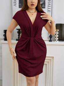 SHEIN Clasi Plus Size Women V-Neck Cap Sleeve Elegant Sheath Dress - Maroon - View 5