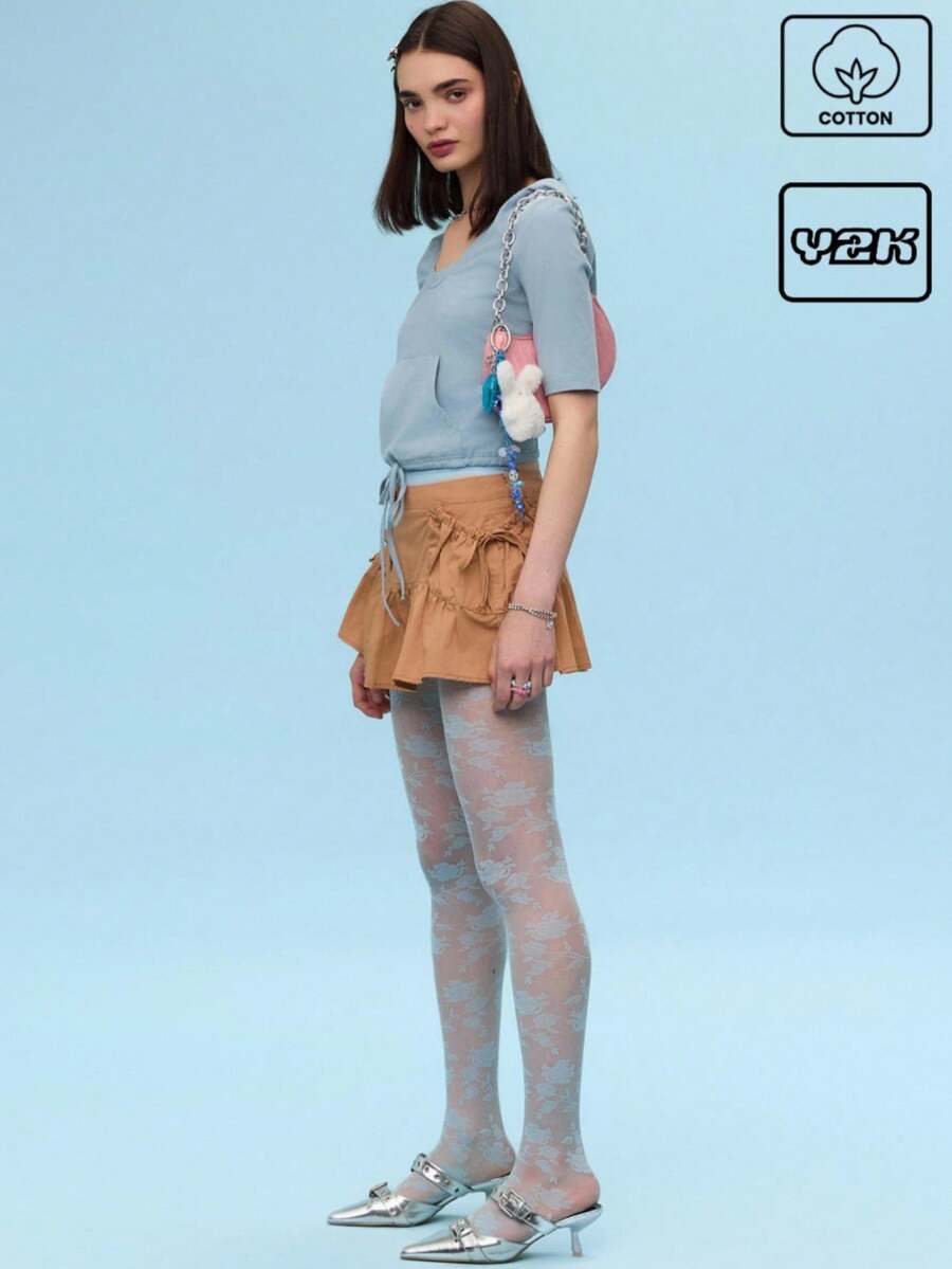 COUREZ 荷叶边下摆工装迷你裙/女士春夏穿搭/Y2K/休闲 100%纯棉 100%纯棉 复古 - 卡其色 - 查看 1