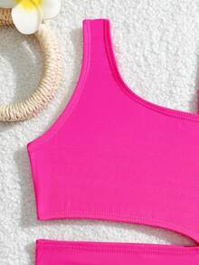 Young Girl Cute Knitted Patchwork Striped Print Asymmetrical Shoulder & Waist Hollow One-Piece Swimsuit, Suitable For Summer, Swimming, Beach Summer Vacation Thermal Christmas Holiday Festival New Years Valentines Swim Kids Bikini Set High Waist Neon Pink Bathing Suits For Girls Two Piece Fuchsia One Shoulder Bikini Girls Striped High Rise Bikini - Multicolor - View 7