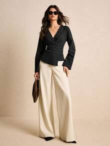 Poéselle Women's Cross Wrap Long Sleeve Ruched Asymmetrical Striped Blouse - Black - View 2