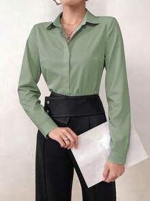 Modelyn Camisa casual de manga larga y hombros descubiertos, versátil para uso diario - Verde - Ver 4