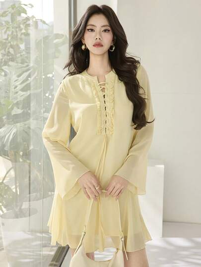 Heiryn Damklänning med långa ärmar, minimalistisk enfärgad, för vardagsbruk