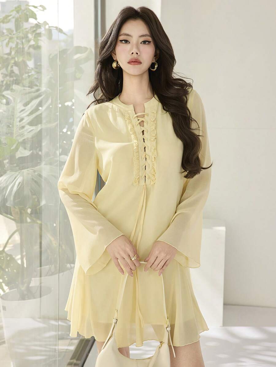 Heiryn 女士纯色简约长袖短款连衣裙，休闲日常穿着 - 黃色 - 查看 1