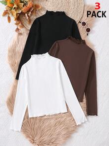 3pcs Girls Ribbed Solid Color Long Sleeve T-Shirt Set, Suitable For Autumn, Spring And Summer - Multicolor - View 1