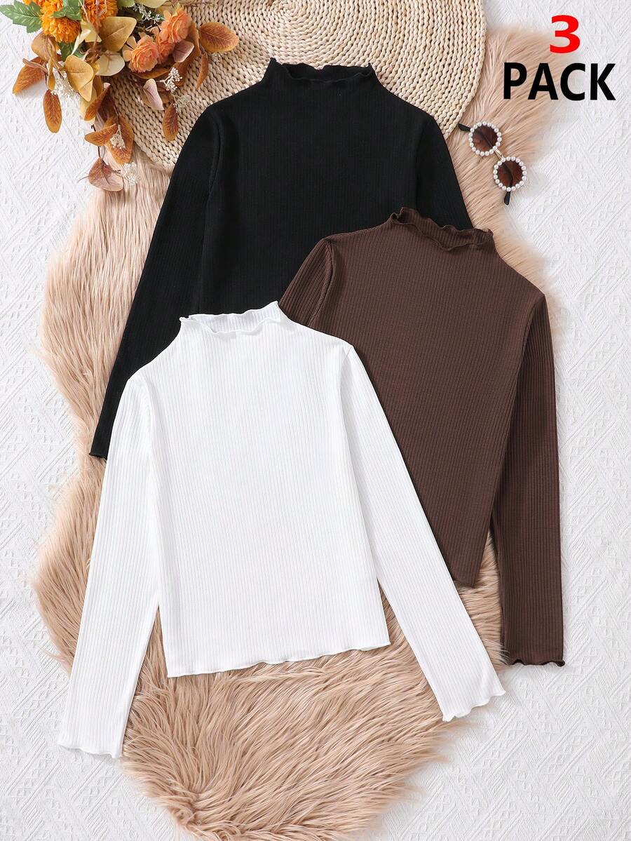 3pcs Girls Ribbed Solid Color Long Sleeve T-Shirt Set, Suitable For Autumn, Spring And Summer - Multicolor - View 1
