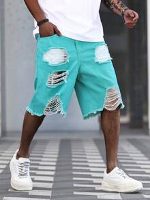 Manfinity Roughcore Celana Pendek Denim Pria Kasual dengan Efek Lusuh dan Pudar, Celana Pendek Biru Tosca Sobek dan Berumbai, Pakaian Jalanan Musim Panas, Celana Pendek Biru Tosca untuk Pria - Hijau - View 4