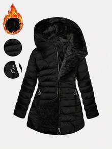 Linhara Women's Black Hooded Color Block Lined Thickened Pocket Zip-Up Padded Coat, Autumn/Winter
