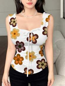 Modelyn Denim Texture Yellow Floral All-Over Print Summer Fashion Tie-Up Bow Knot Fitted Bodycon Women Tank Top - Multicolor - View 4