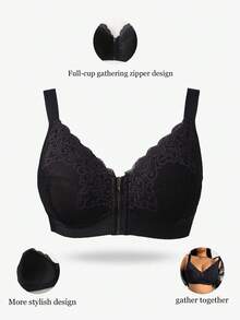 1 pièce Soutien-gorge sans fil en dentelle noir grande taille avec bretelles larges, fermeture éclair frontale confortable - Noir - Voir 3
